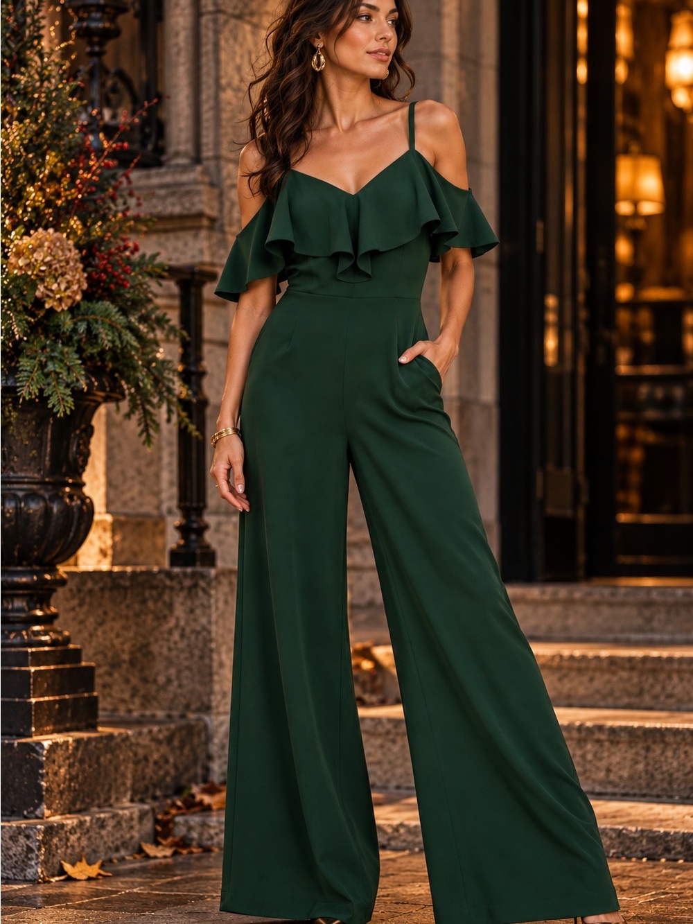 Spruce Green Wide Leg Jumpsuit Ruffle Cold Shoulder Rachel Roy AUTUMN FALL GLAM